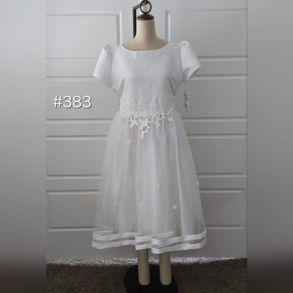 Girls White Satin Short Sleeve Formal Dress